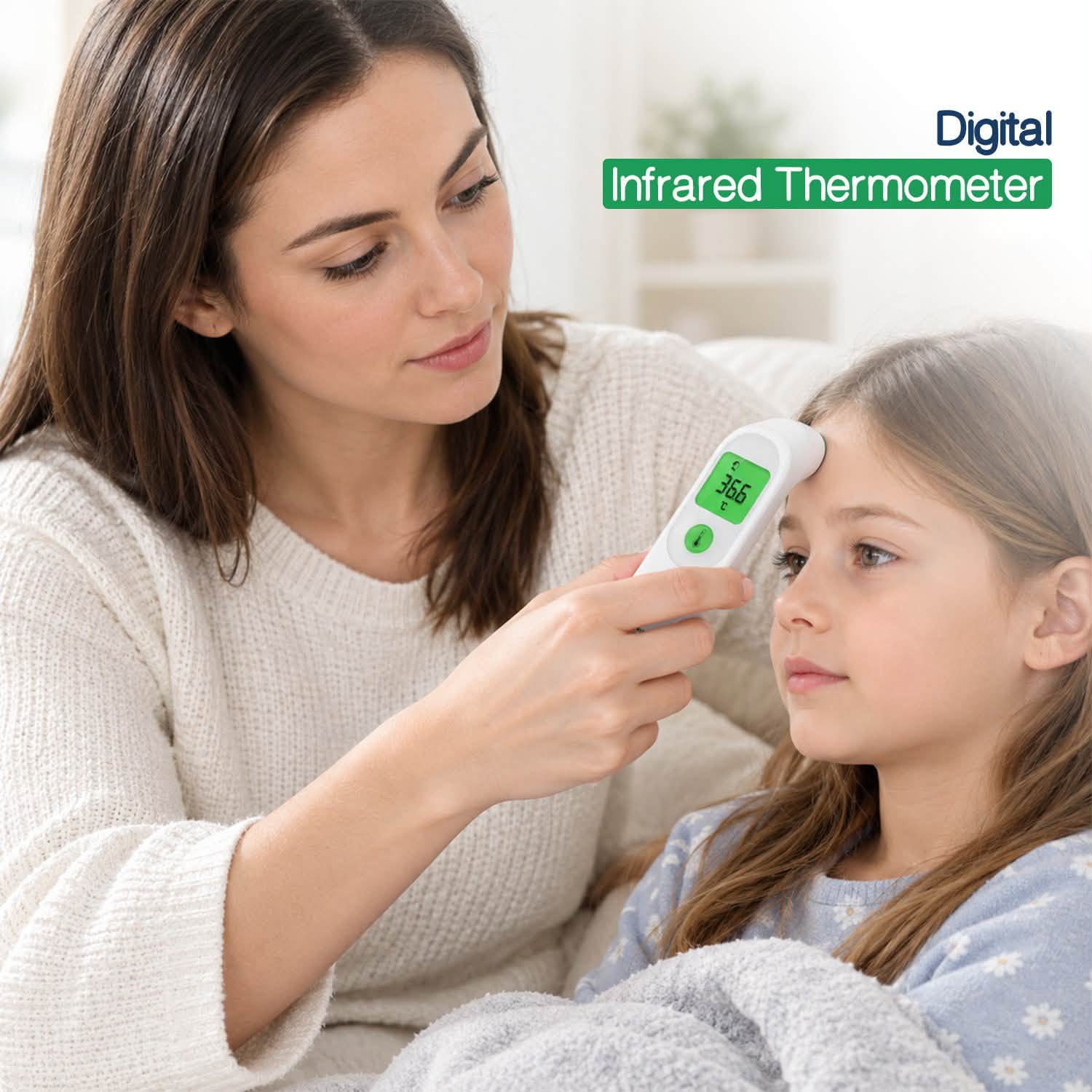 A mother checking her daughter's temperature with a Healthcare World digital infrared thermometer